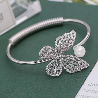 Butterfly Bracelets Crystal Rhinestone Wide Wrap Arm Bracelet Cuff Imitation Pearl Opening Bangles